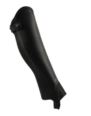 Classic black leather gaiters with elastic at the back and clip button at top for secure fit