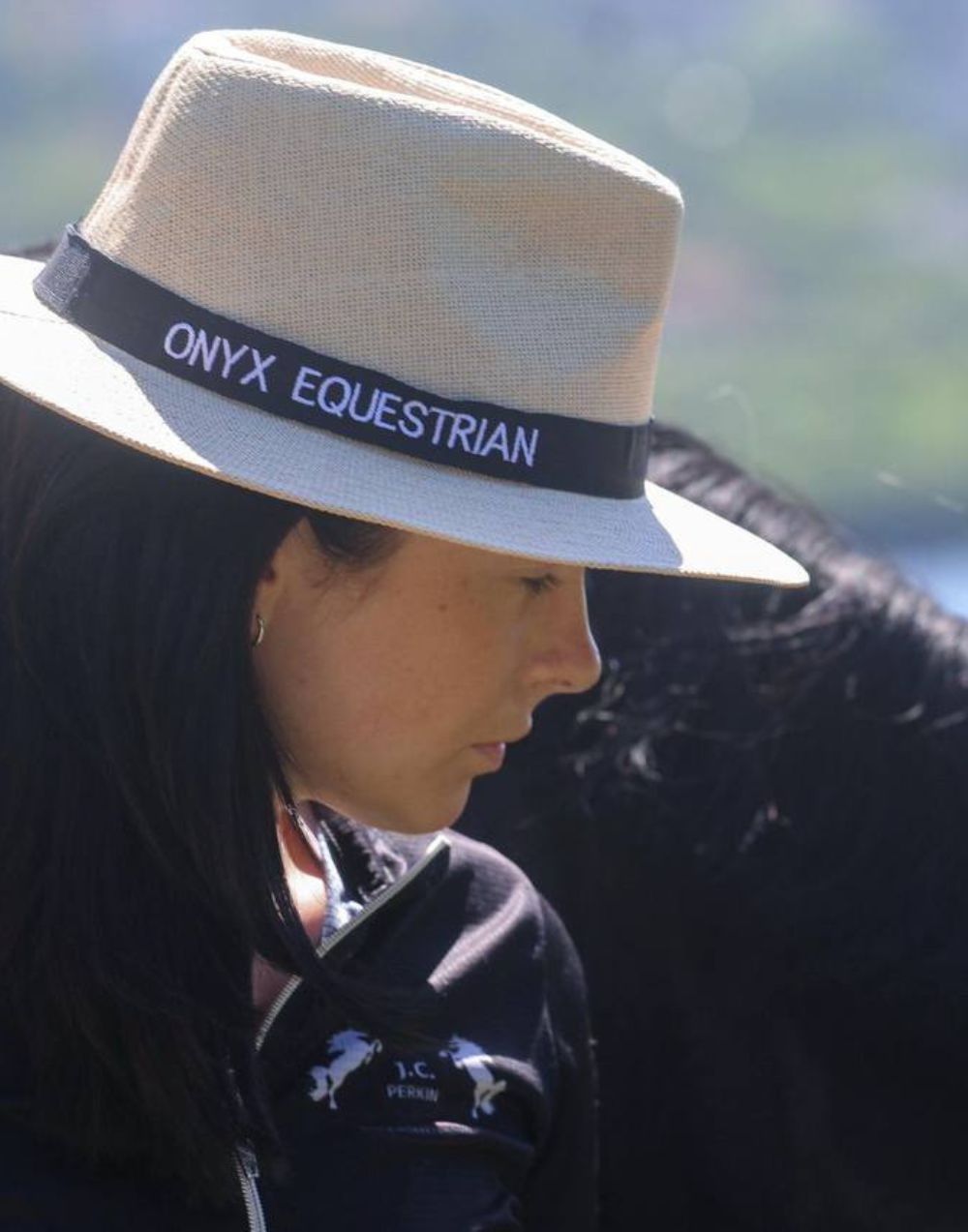 Onyx Equestrian wide brim sun hat with woven design and black band