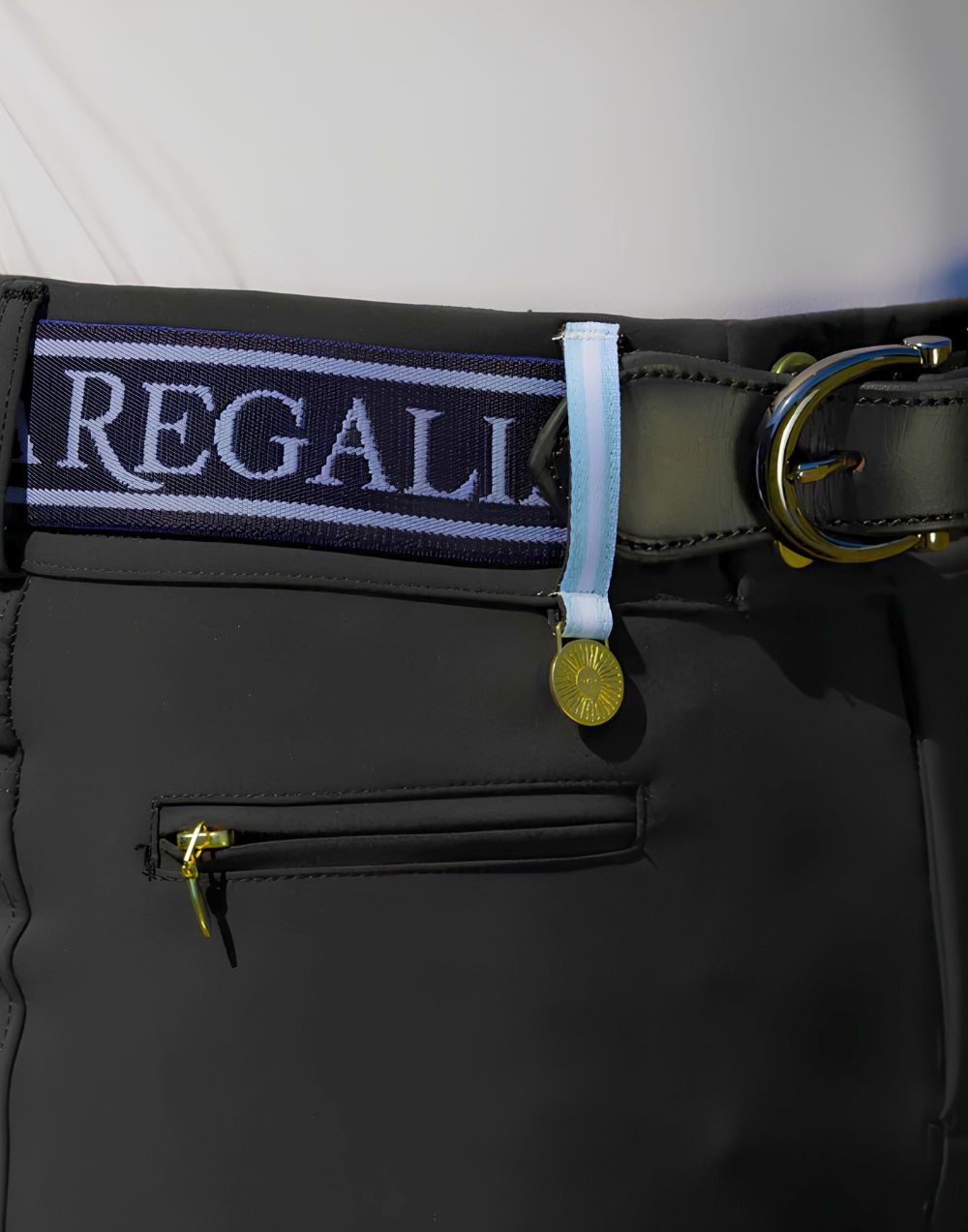 La Regalia Elastic Riding Belt with black leather detailing and gun metal grey La Regalia buckle, stylish equestrian belt for everyday wear